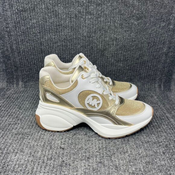 NEW Michael Kors Zuma Glitter Chain Mesh Metallic Trainer Gold White Women’s 9 M - Picture 1 of 8